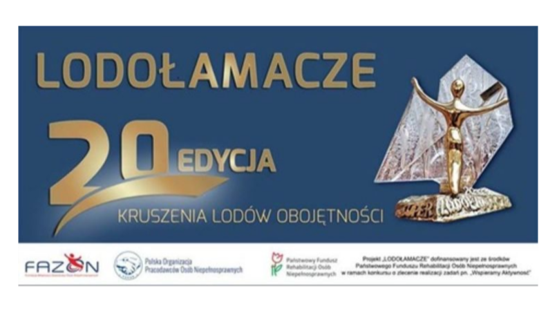 Plakat promujący 20 edycję konkursu Łodołamacze - Kruszenie lodów obojętności. Na plakacie znajdują się złota statuetka oraz logotypy organizatorów.