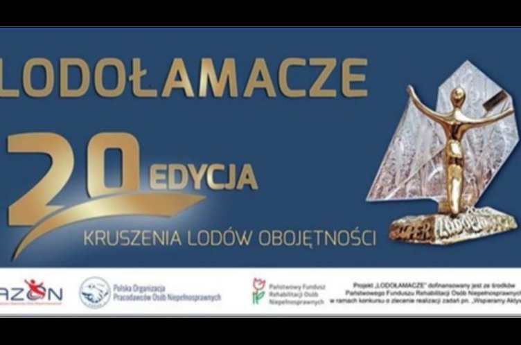 Plakat promujący 20 edycję konkursu Łodołamacze - Kruszenie lodów obojętności. Na plakacie znajdują się złota statuetka oraz logotypy organizatorów.