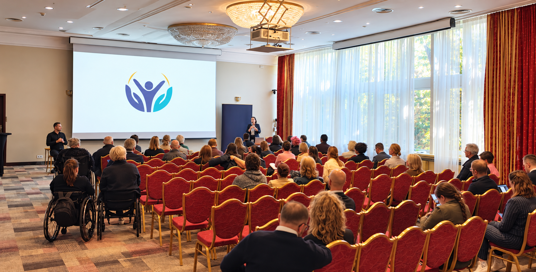 Sala konferencyjna, z uczestnikami konferencji oraz osobą występującą.